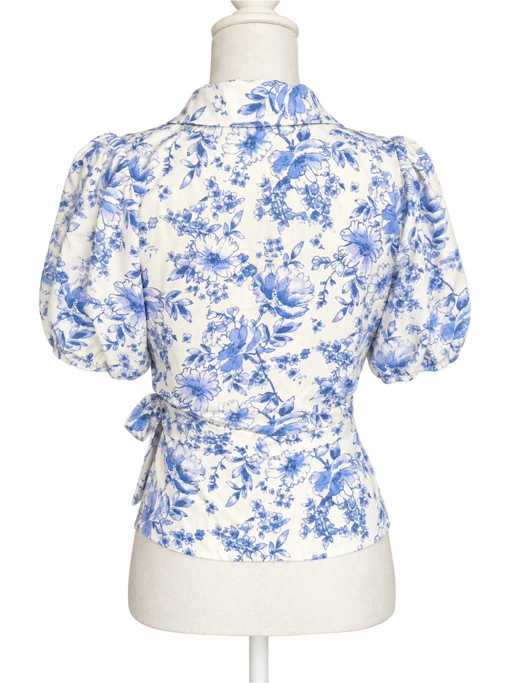 Blue Floral Wrap Puff-Sleeve Top NWT - Picture 3 of 5